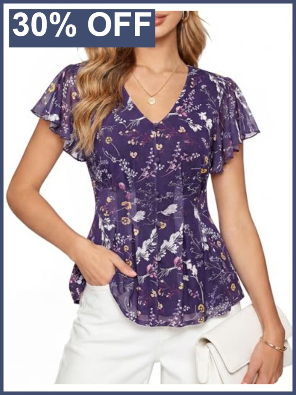 Boho Mesh Blouse V-Neck Peplum Flutter Sleeve Dressy Casual Top